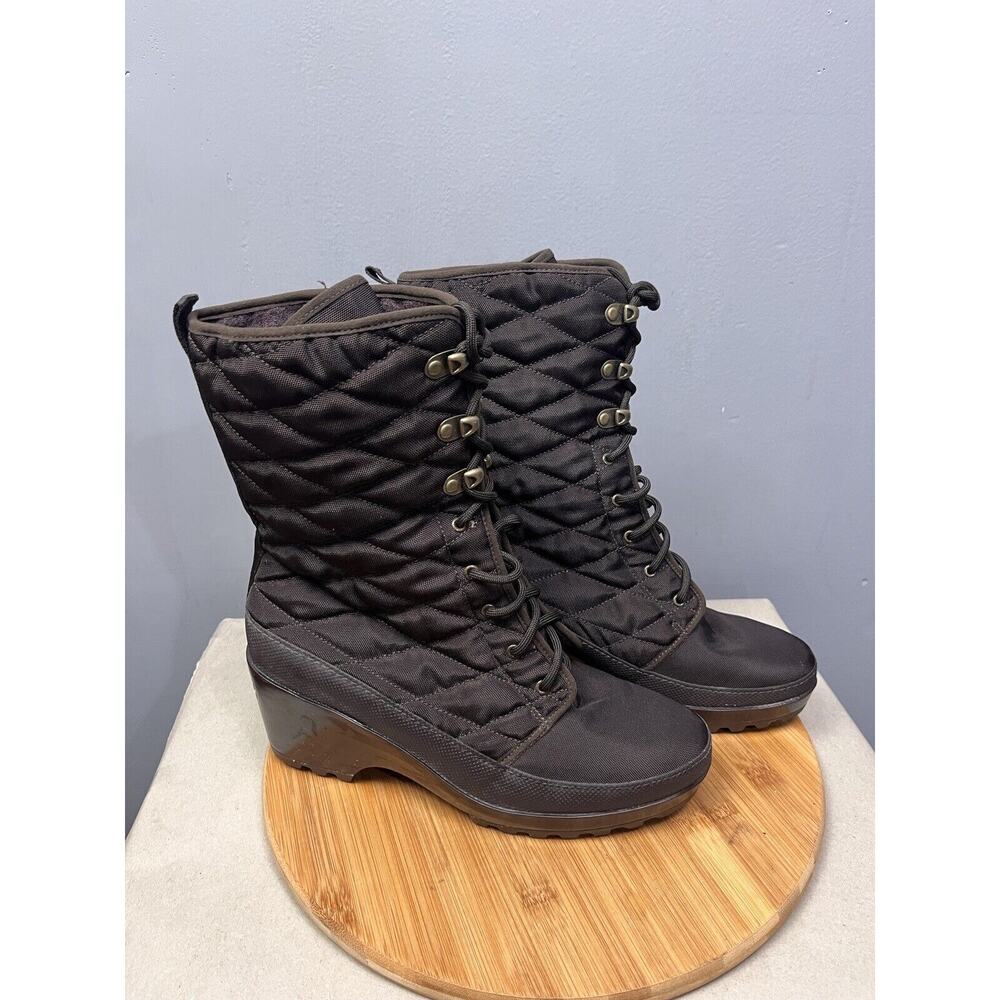 Rockport Boots Womens 10 Lorraine Winter Brown Canvas Quilted Heel K59462